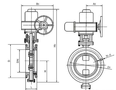 船用雙偏心型電動帶手動操作蝶閥結構圖